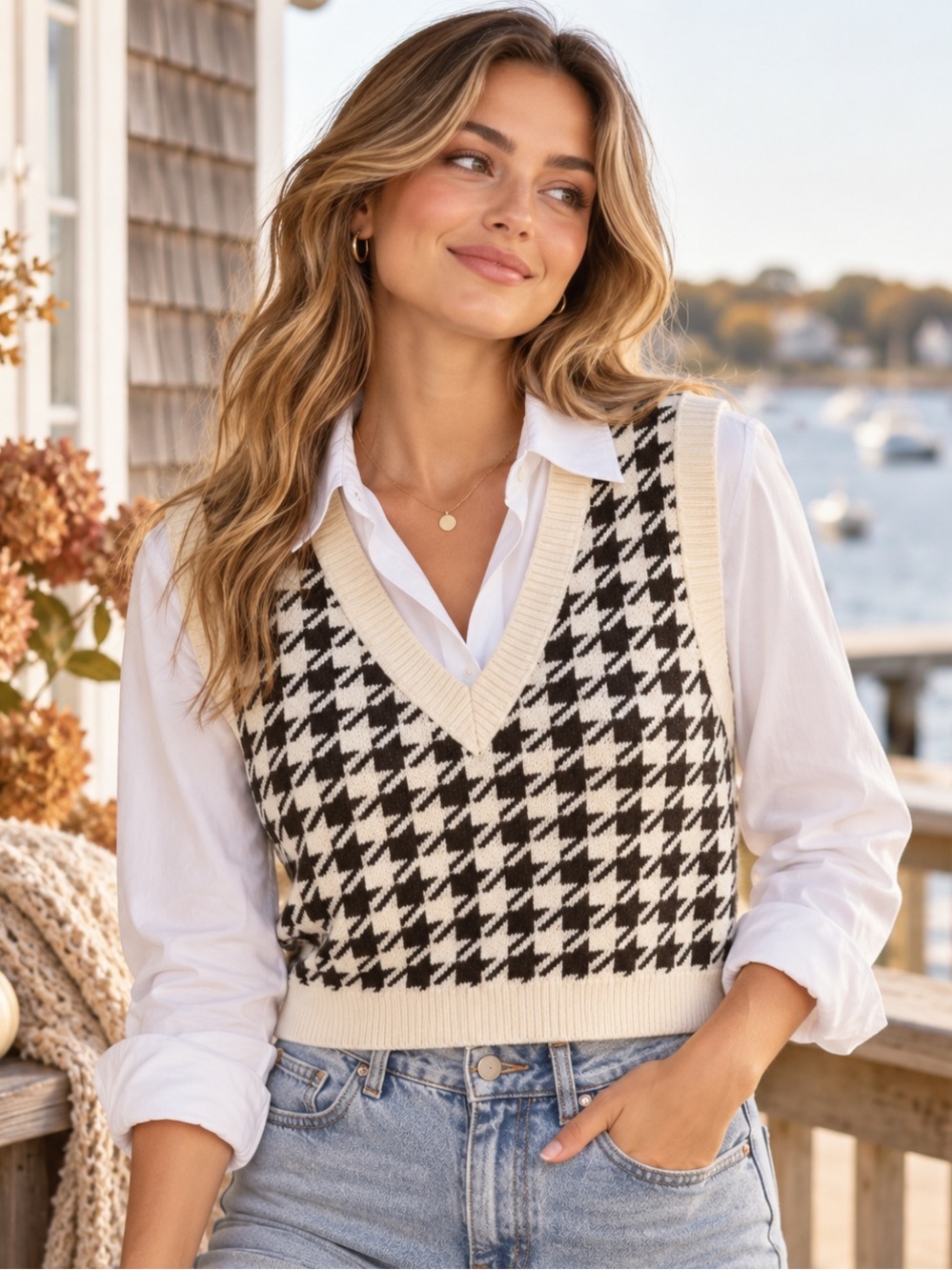 Garage Houndstooth Sweater Vest Cream & Black Size XL Preppy Academia Coquette
